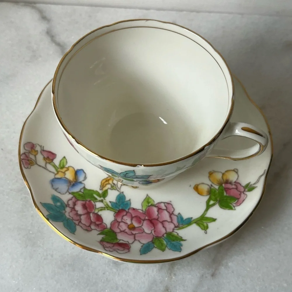 Floral Teacup and Saucer with Gold Trim